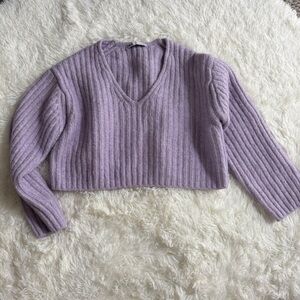 Zara Purple V-Neck Ribbed Sweater